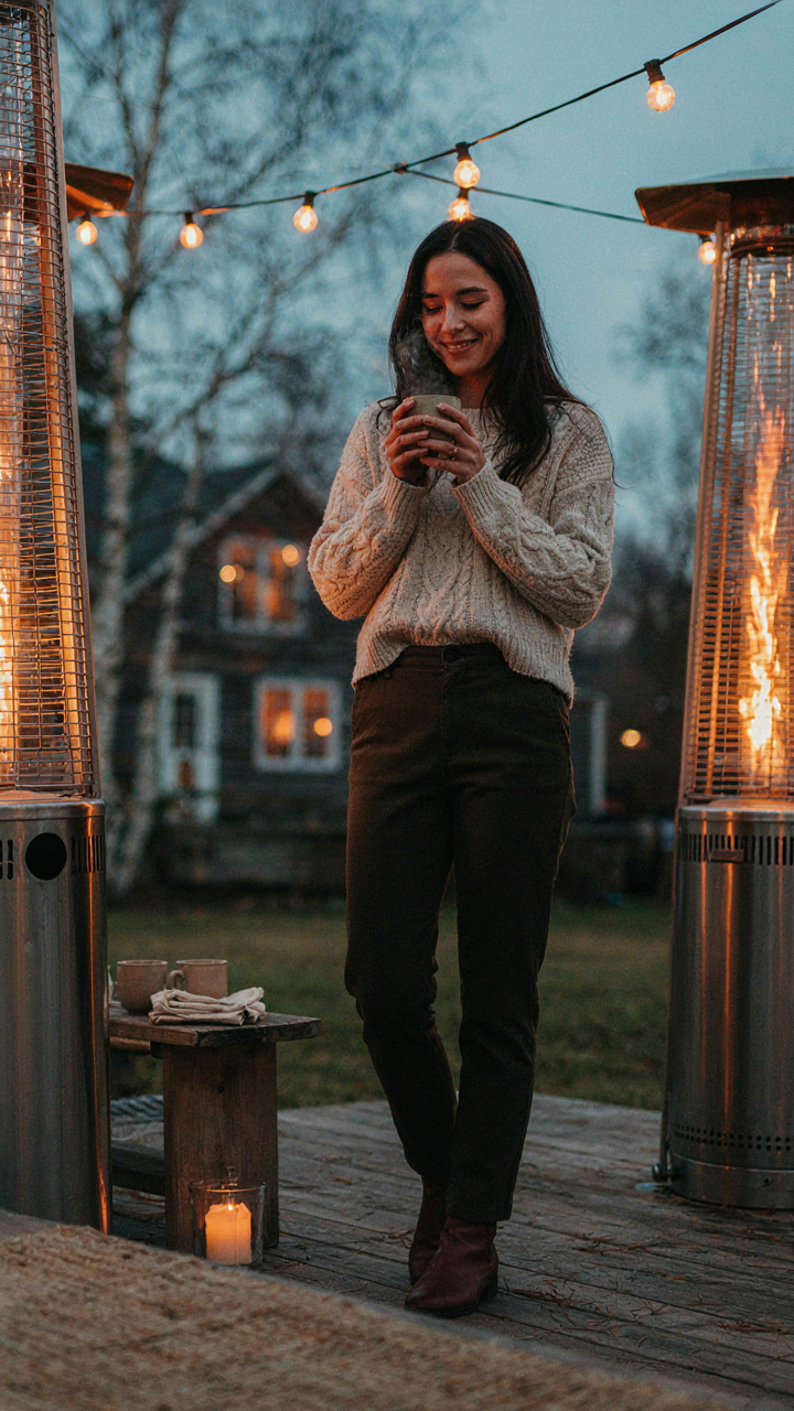 A smiling guest enjoying the warmth from a patio heater setup.