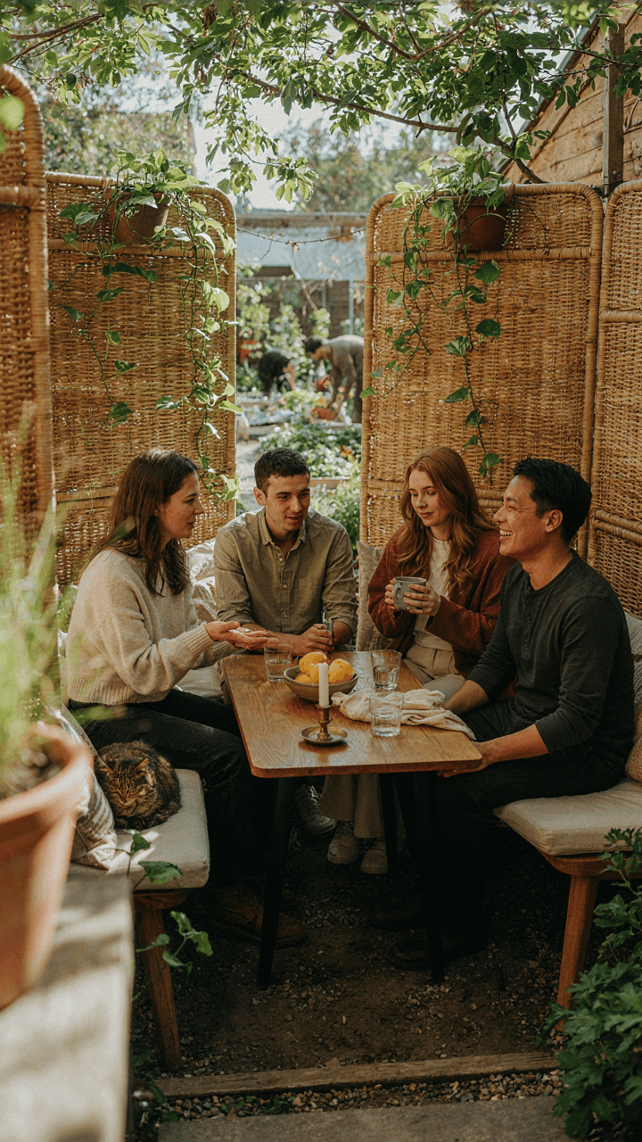 A small group talks in a cozy outdoor seating area.