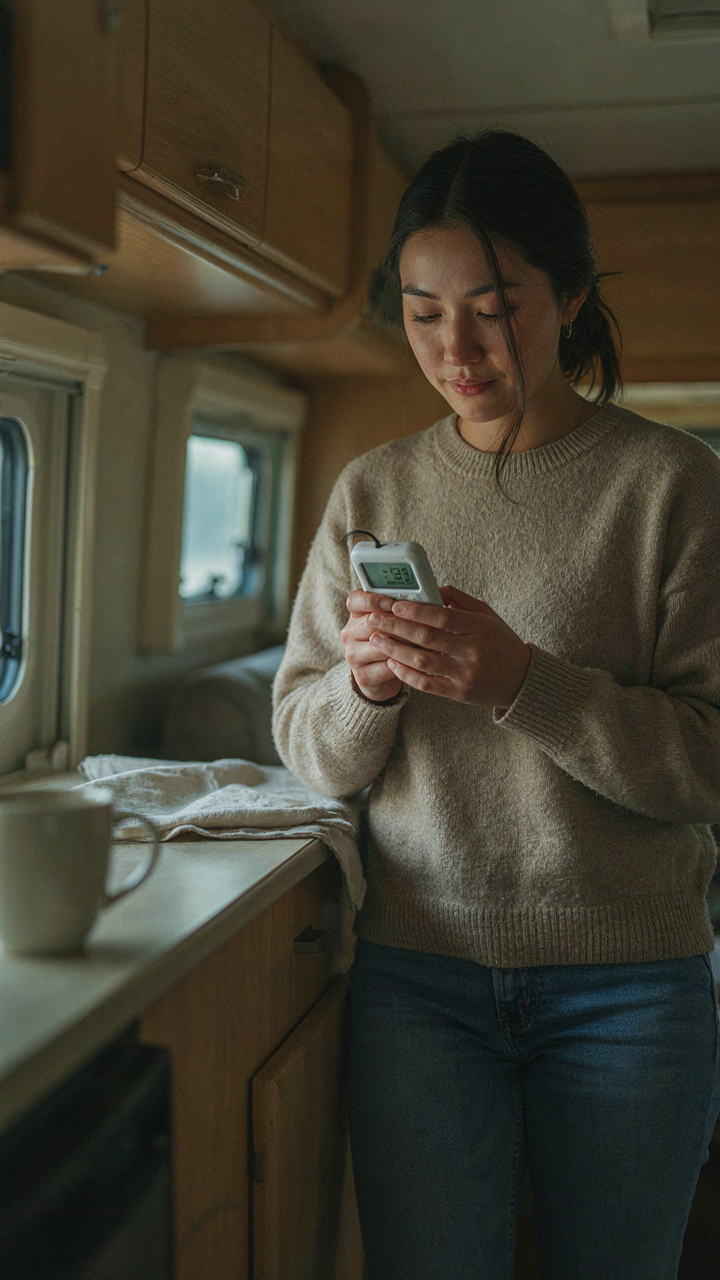 A person studies a digital hygrometer showing humidity levels inside an RV.