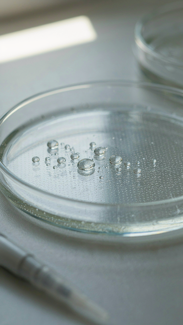A close up shows water droplets moving through a semipermeable membrane in a lab.