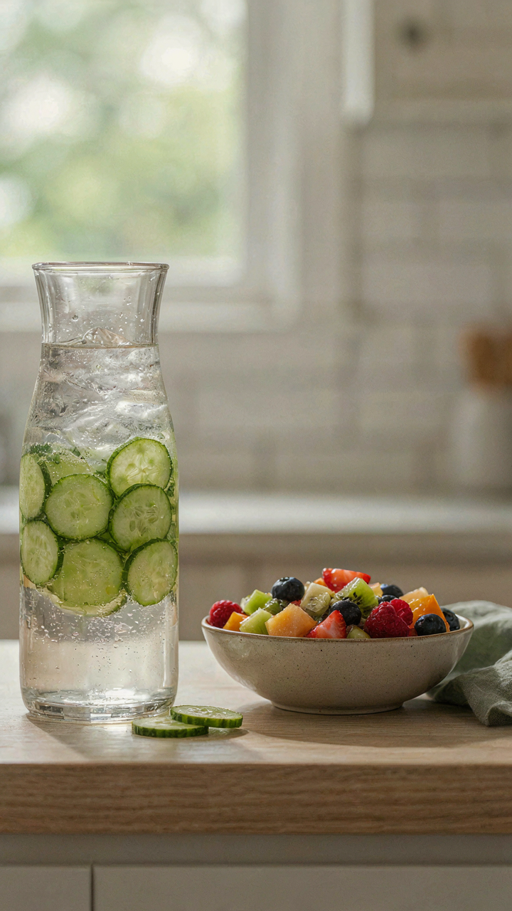 A pitcher of water and a bowl of fruit both have condensation on them.