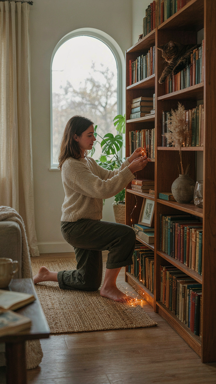 A person arranges warm fairy lights in a cozy living room.