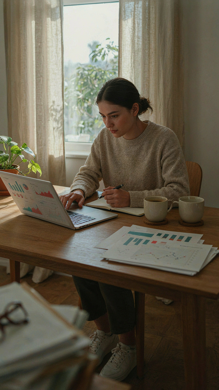 A person analyzes graphs and charts on a computer, surrounded by data.
