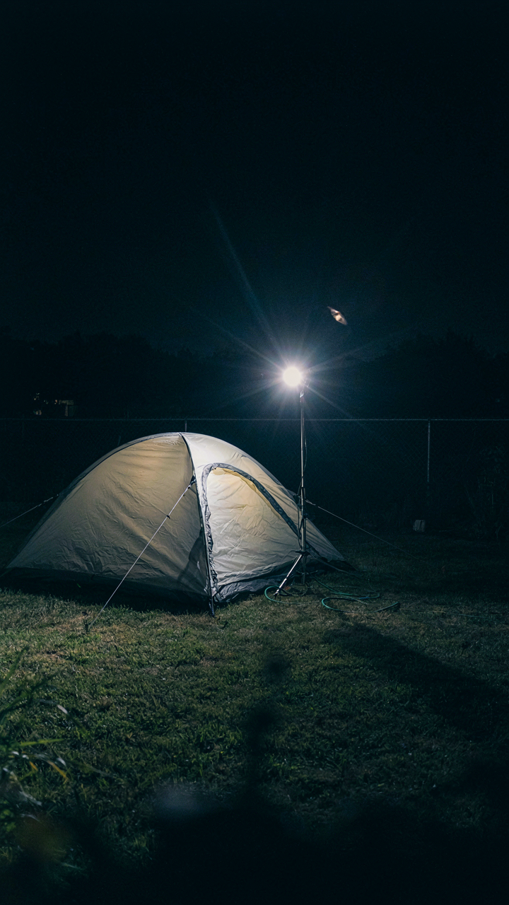 A bright floodlight shines into a tent in a dark backyard.