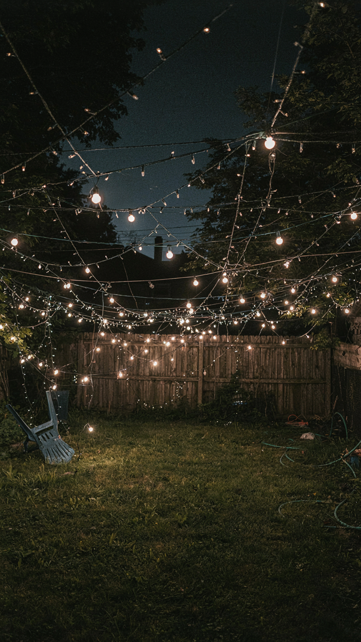 A backyard at night, overwhelmed by too many string lights, making it hard to see anything clearly.