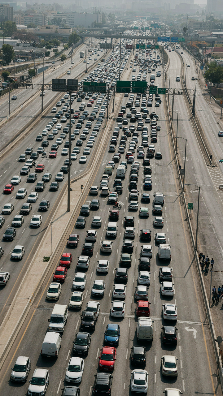 An aerial view of a heavily congested highway with many cars during rush hour.
