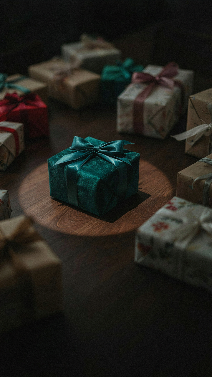 A single spotlight highlights one special gift among many others.