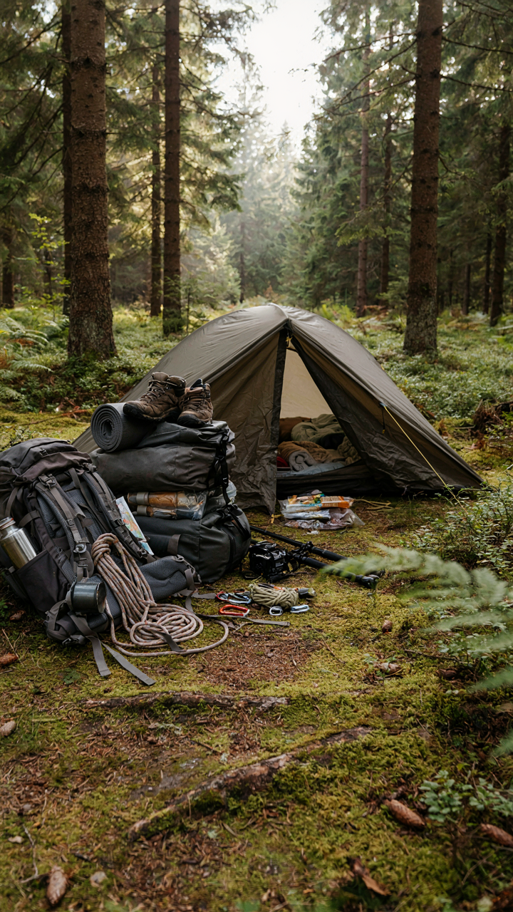 An overflowing backpack and many gear bags are piled next to a small tent.