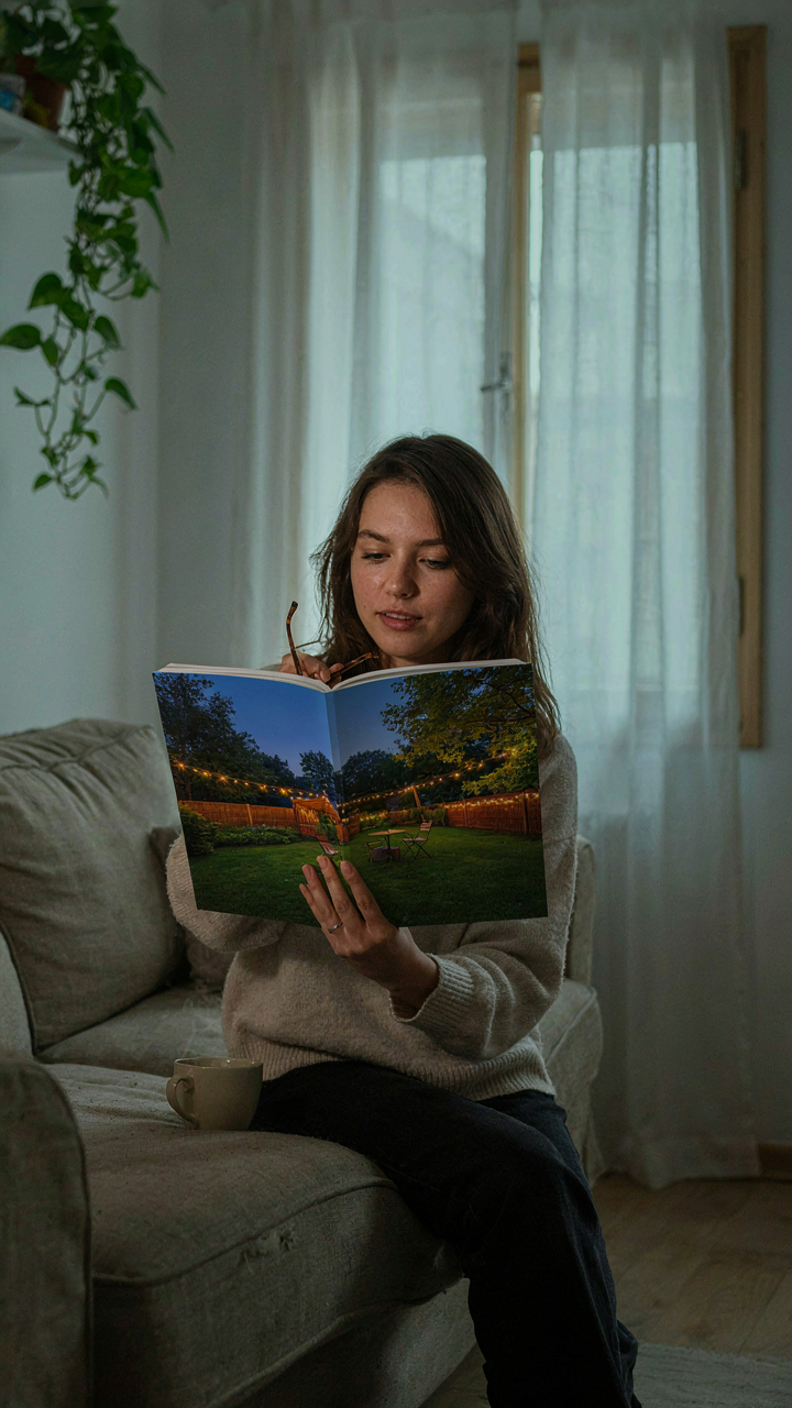 A person looks at a magazine ad for a perfect backyard with fairy lights.