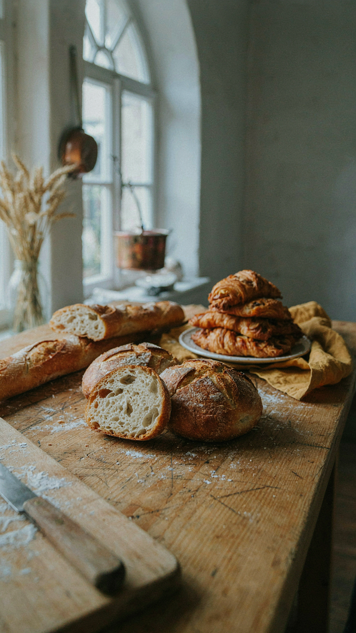 An assortment of freshly baked goods in a rustic bakery setting.