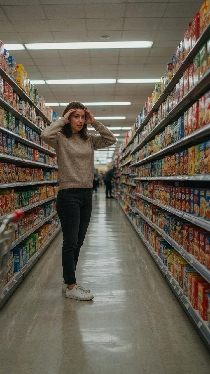 A person looks overwhelmed by too many choices in a supermarket aisle.
