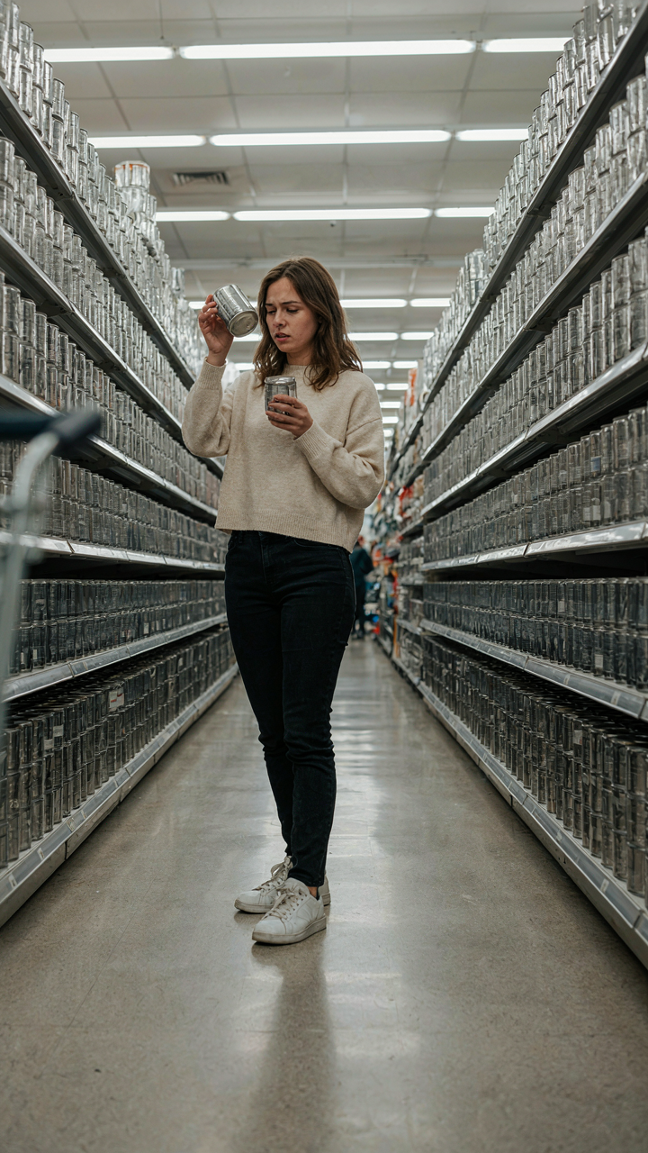 A person looks confused at a shelf full of identical, unlabeled cans in a store.