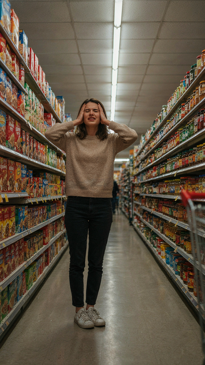 A person looks stressed while standing in a grocery store aisle with many items.
