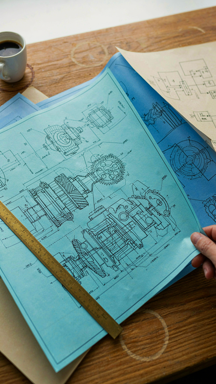 A complex, overwhelming blueprint with many lines and details on a desk.