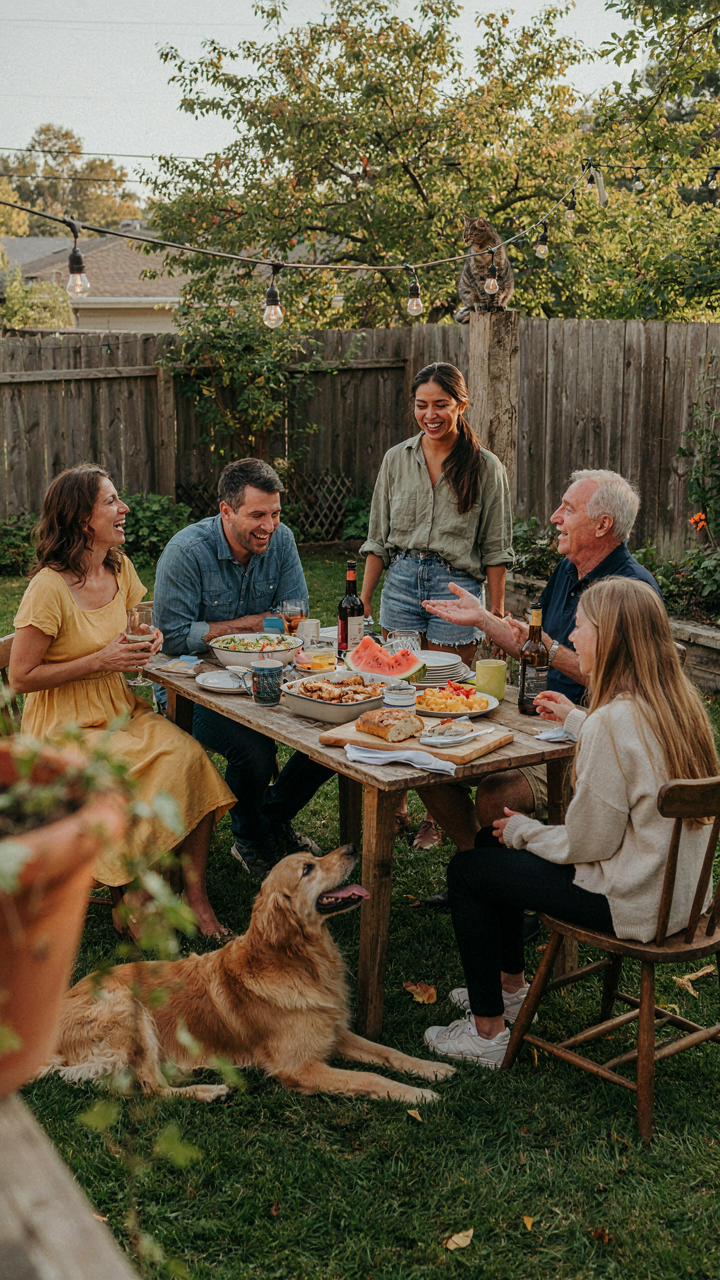 Friends laughing and enjoying a potluck garden party, focusing on interaction.