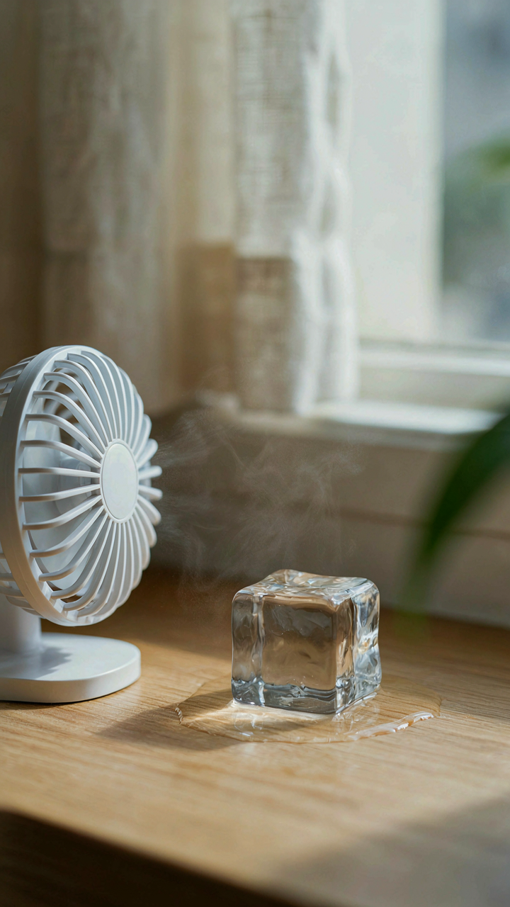 A small fan blows air across a melting ice cube on a hot day.