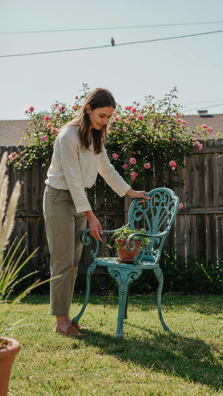 A person carefully trying to sit on a stiff, highly decorative outdoor chair.
