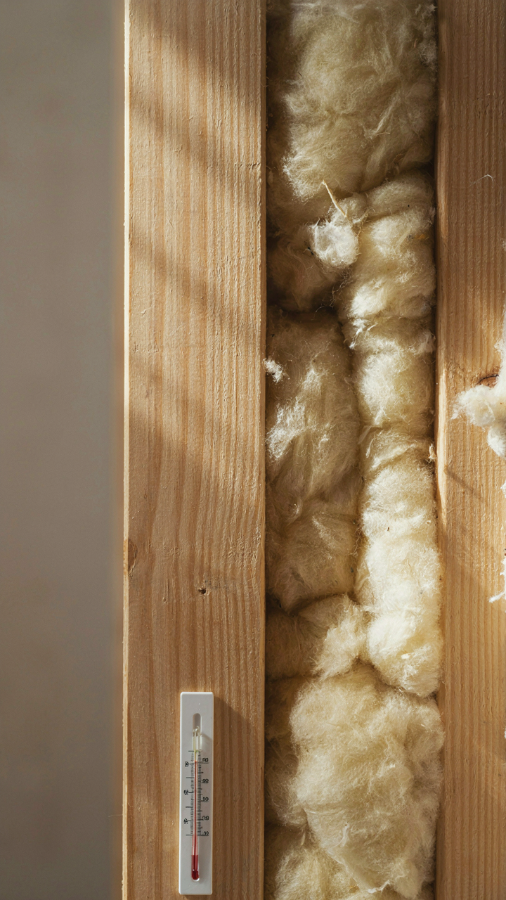 A thin wood panel next to thick insulation, showing poor R-value.