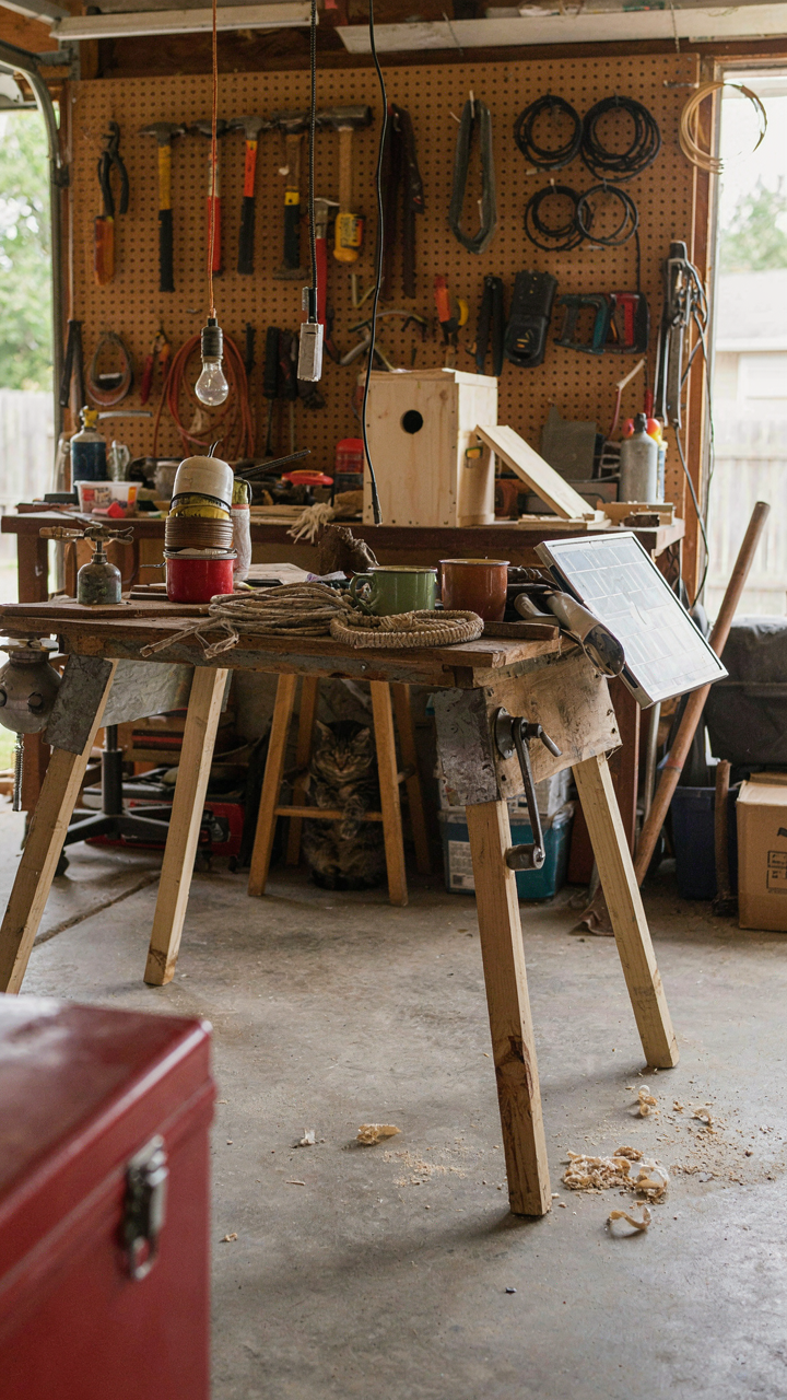 A complex, customized diy camp table with many unused features looks broken in a garage.