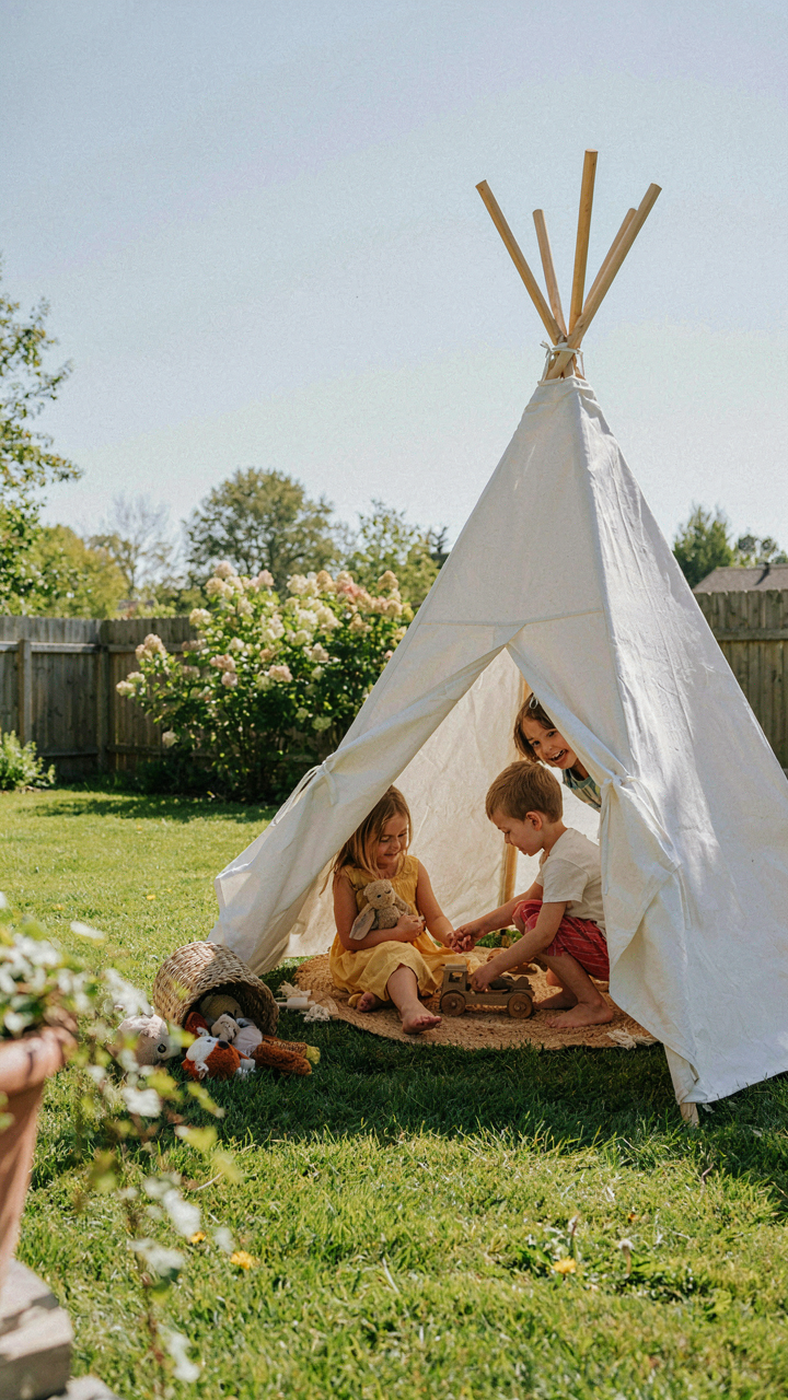 Children playing happily inside a perfect backyard teepee tent, viewed through a camera lens.