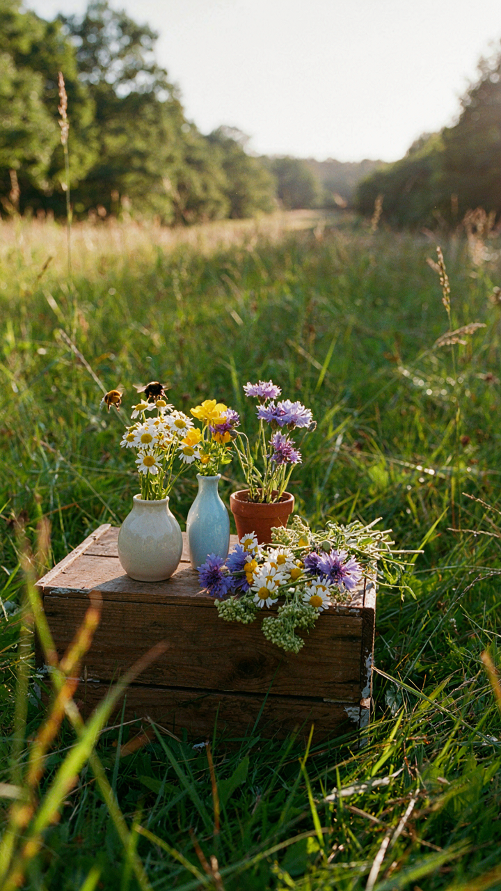 A rustic wooden crate holds vases of wildflowers in a sunny backyard meadow.