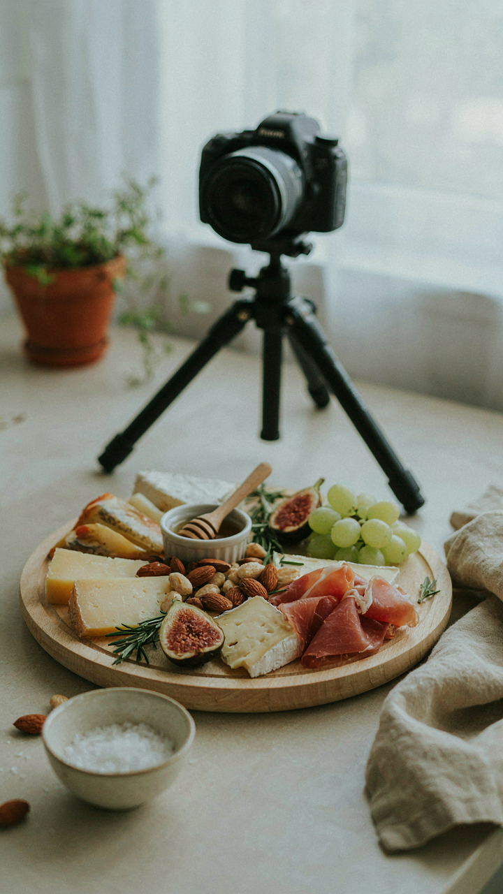A professional camera set up to photograph a small, perfect grazing platter.