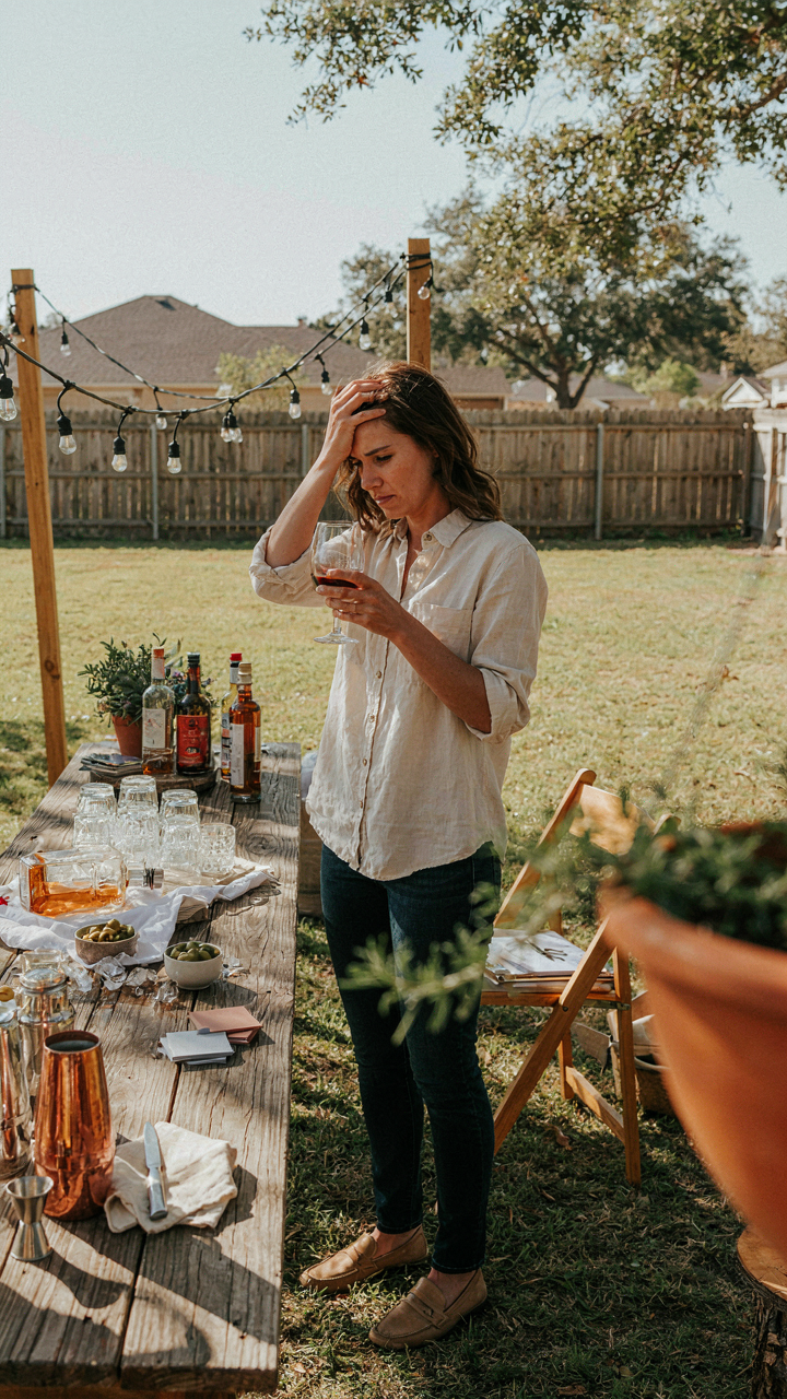 A person looks overwhelmed while setting up a complex outdoor bar.