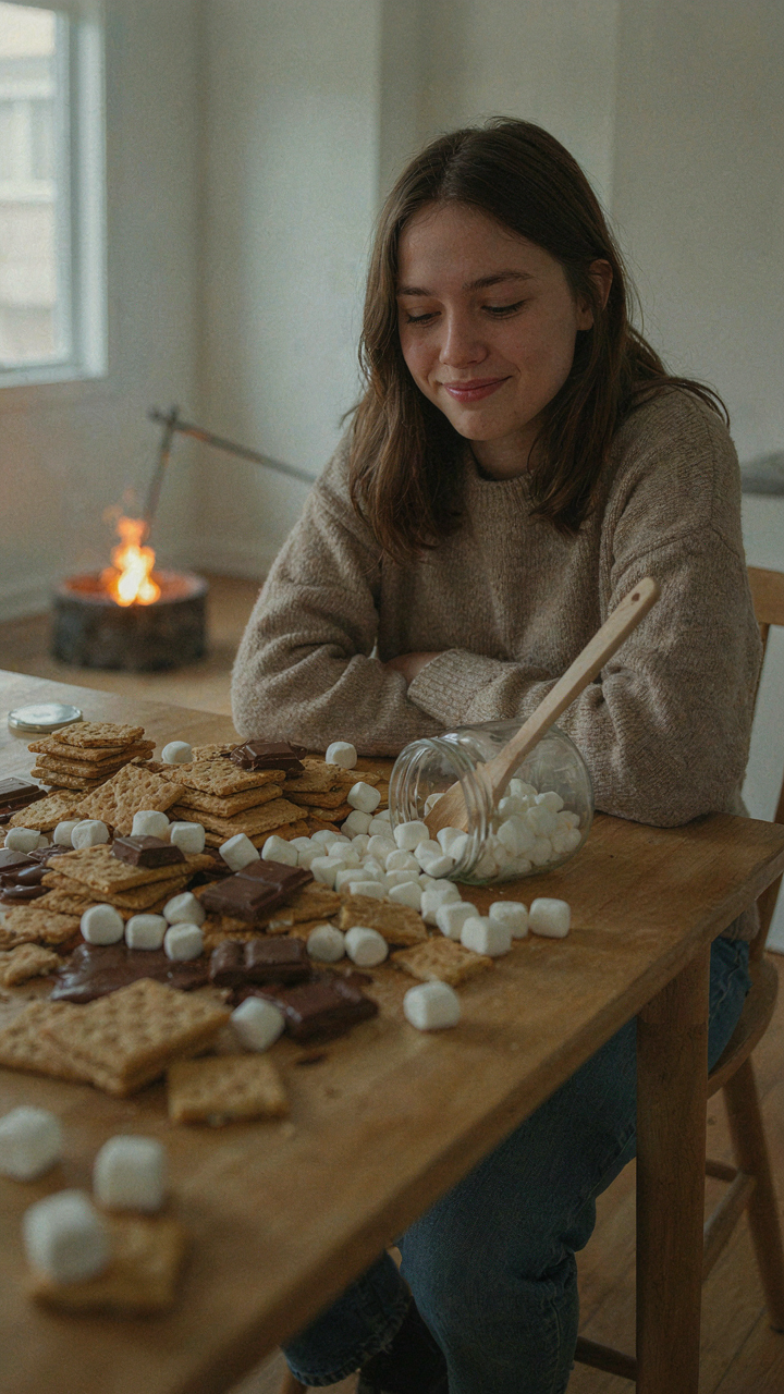 A person looks confused by too many choices at a s'mores bar.