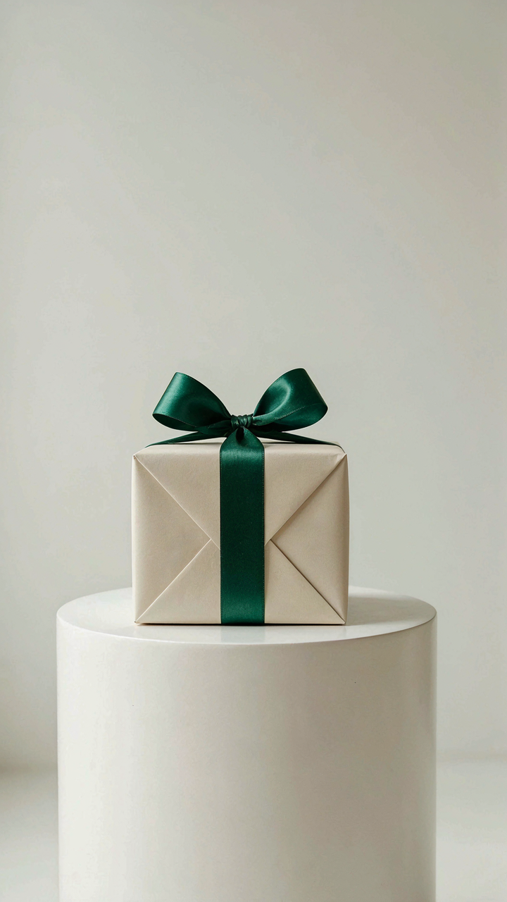 A perfectly wrapped gift box sits alone on a white pedestal.