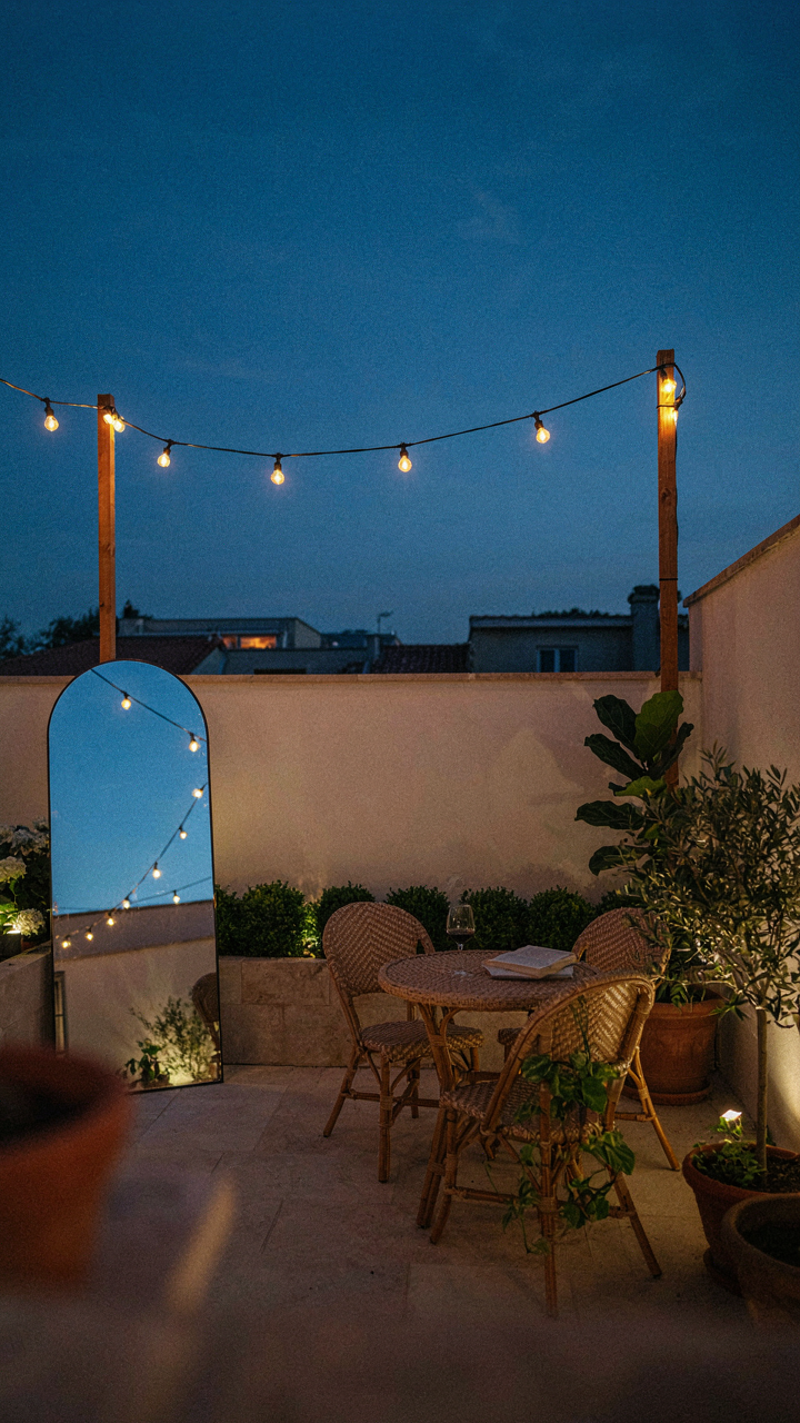 A small patio at dusk glows with string lights and a large mirror reflects the space.