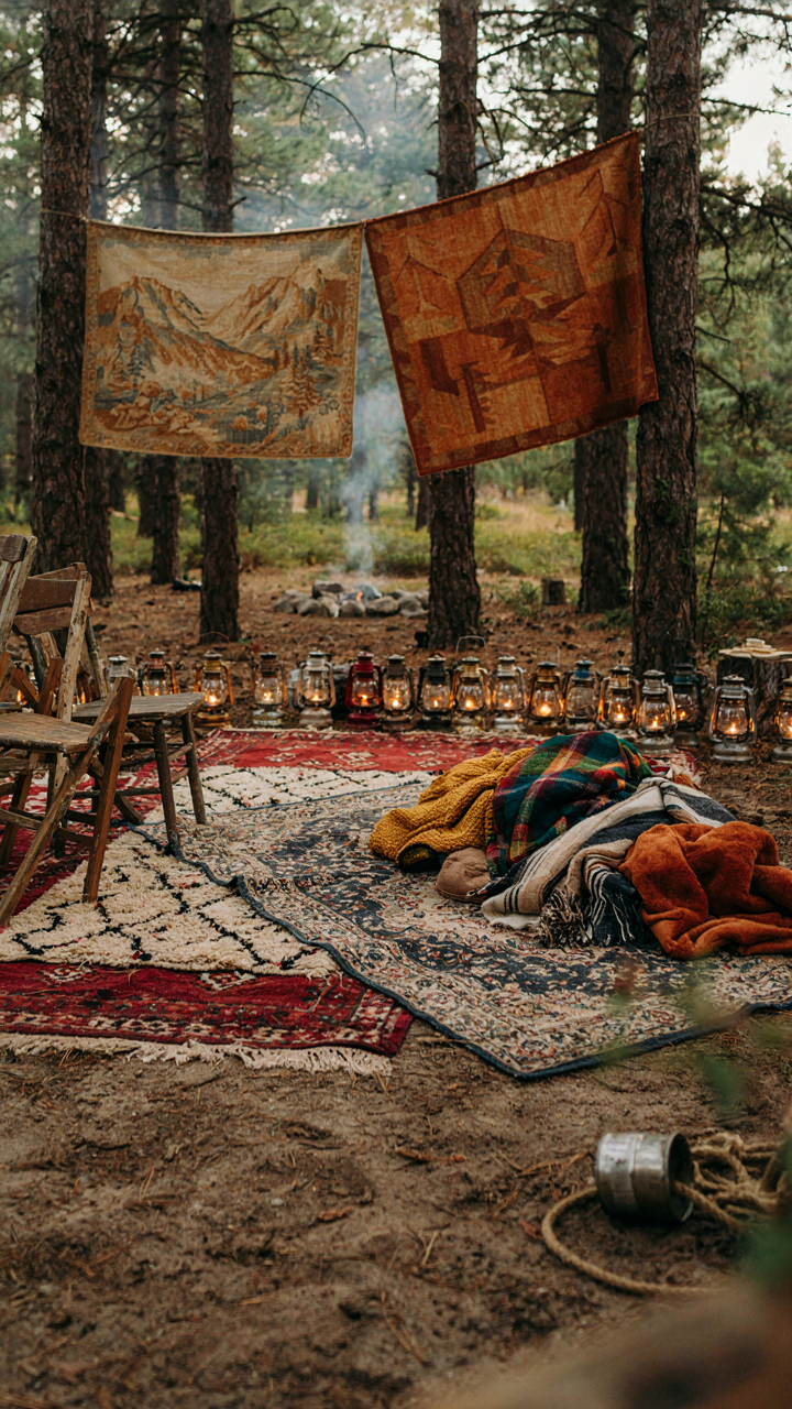An overly decorated campsite with many lanterns, rugs, and blankets creating visual clutter.