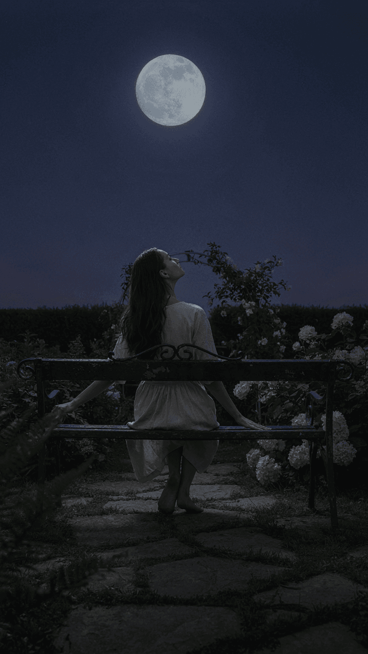 A person sits alone on a moon garden bench at night, looking up at the sky.