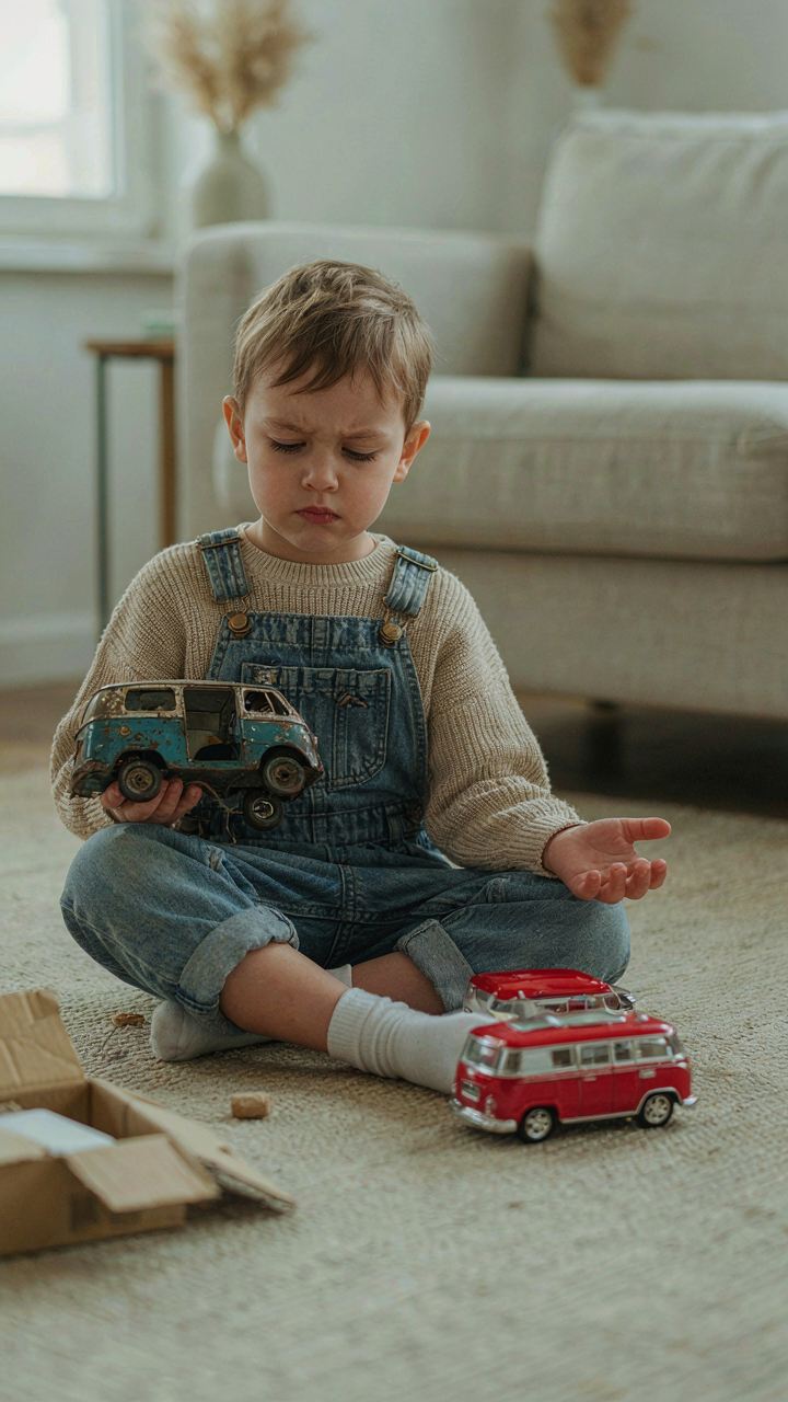 A person holds a broken toy camper, looking at a perfect new one.