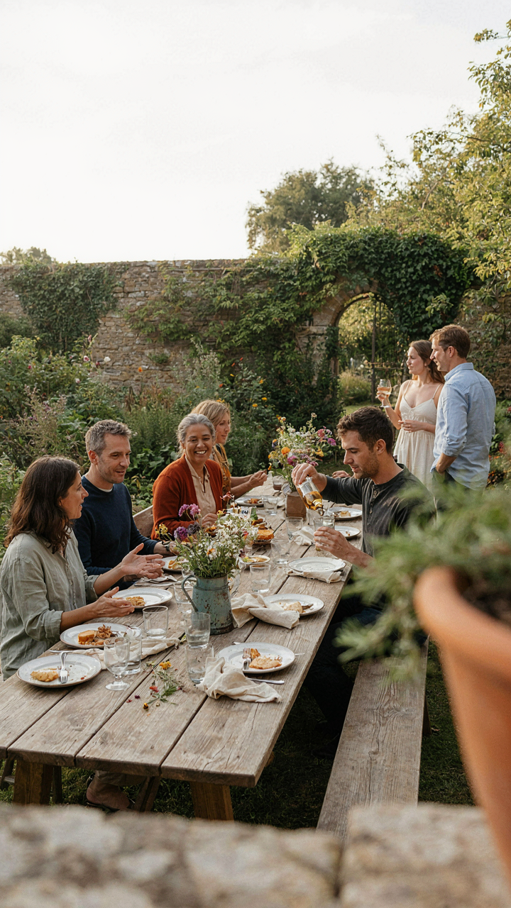 Guests happily talk at a comfortable outdoor long table.