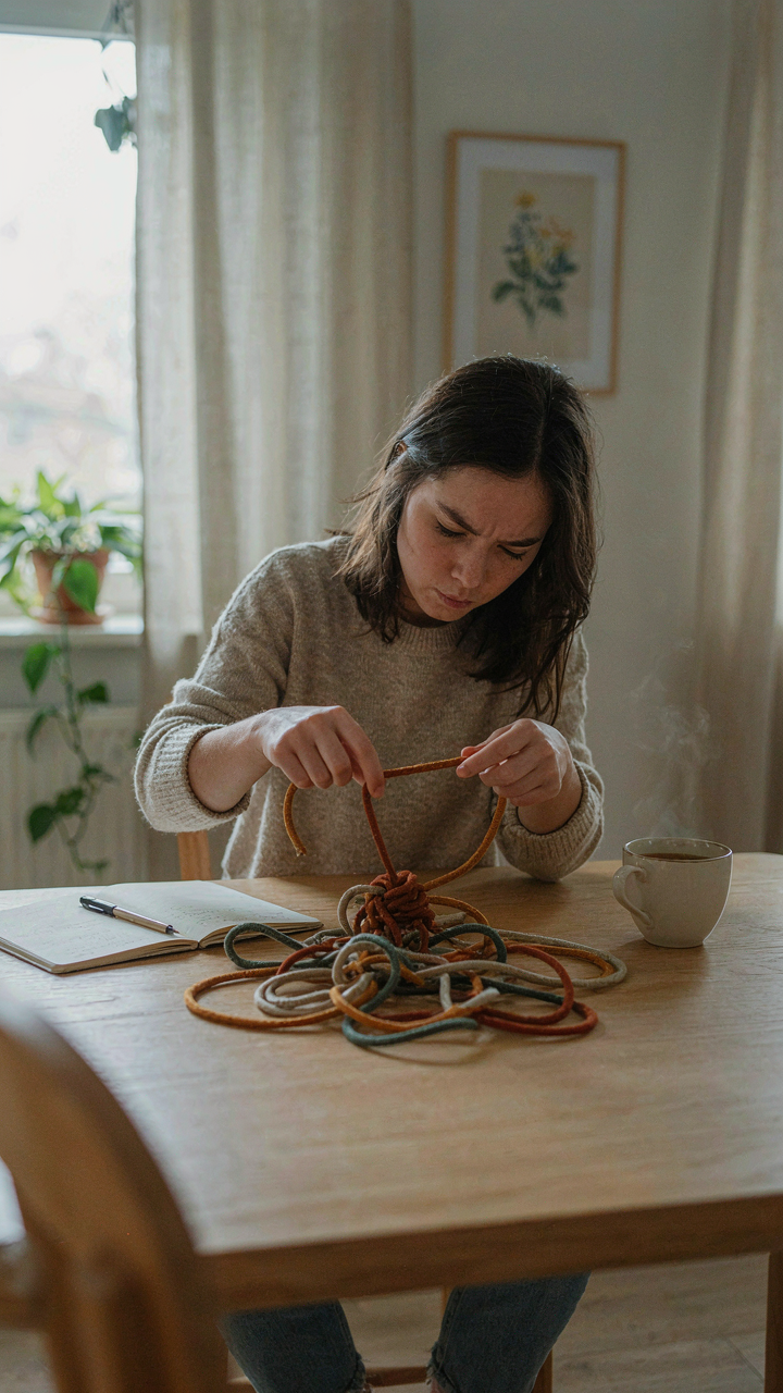 A person struggles to untangle an overly complex knot made from many thin ropes.
