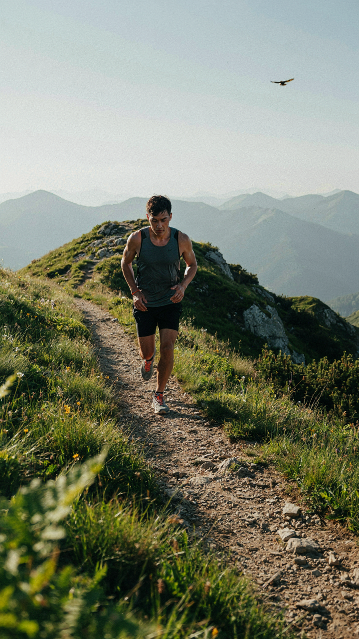 A lone runner pushes past limits on a narrow, winding mountain trail.