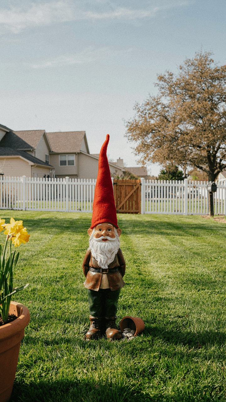 A perfectly cut green lawn fills a suburban backyard.