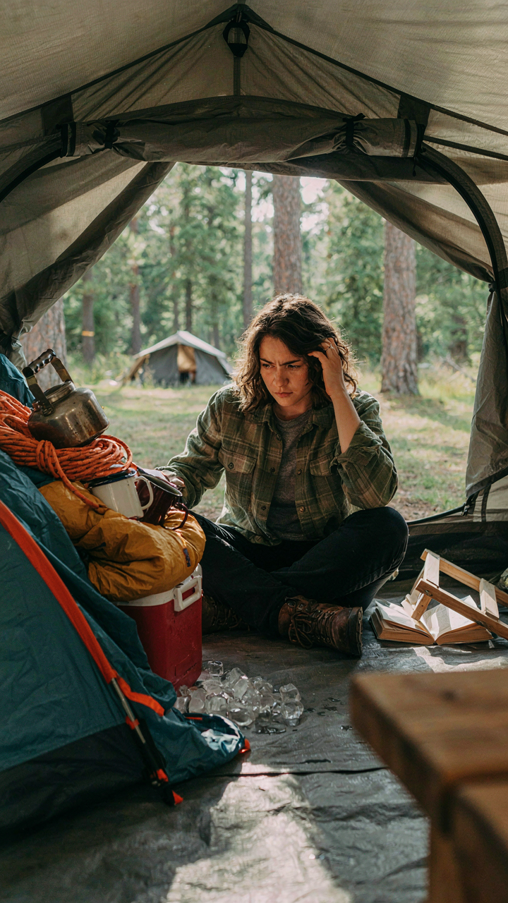 A camper looks frustrated, surrounded by too much camping gear inside a tent.