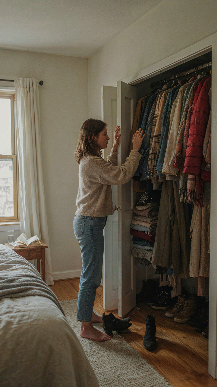 A person tries to close a closet door that is overflowing with too many items.
