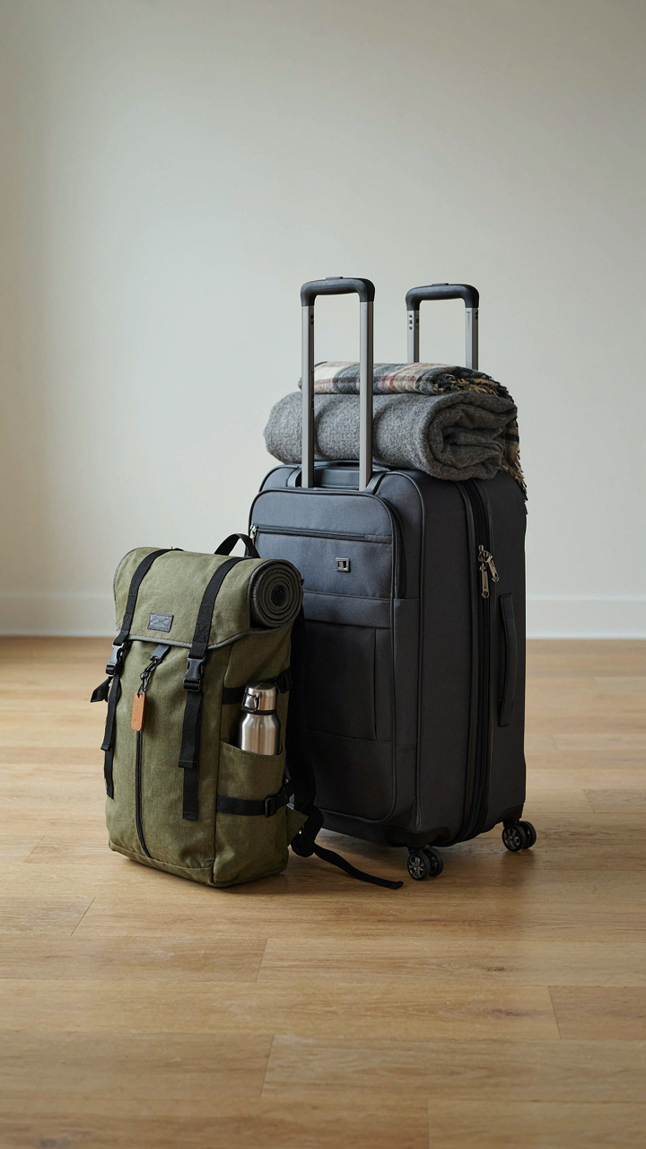 A small, neat backpack next to a large, overflowing suitcase.