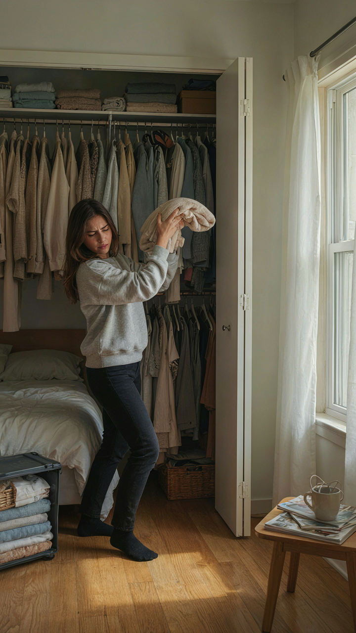 A person struggles to fit more items into a tiny, overflowing closet.