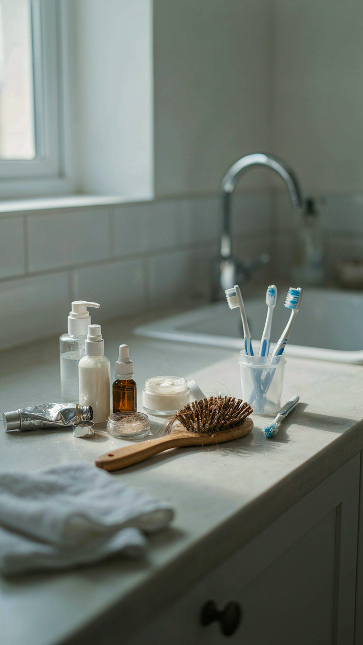 A bathroom counter crowded with many duplicate toiletries and items.