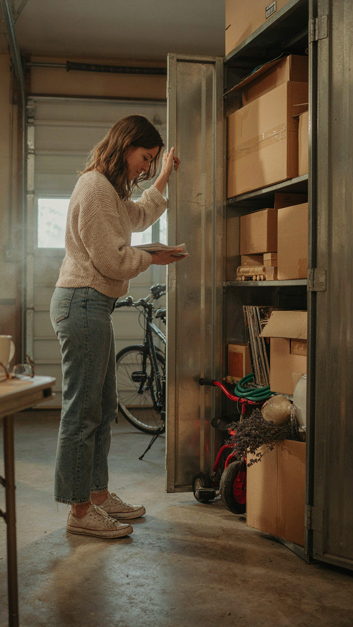 A person looking at an overflowing storage unit crammed with boxes.