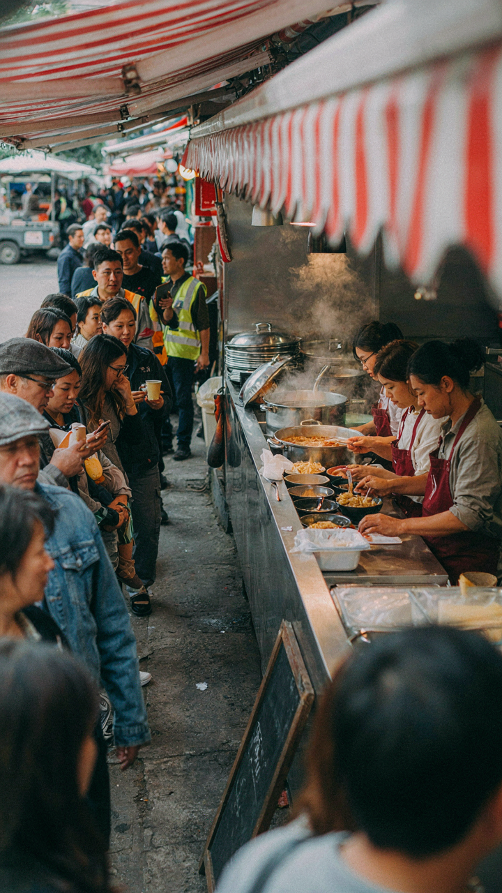 Many people stand in a long, slow line at an outdoor food stand with many servers.
