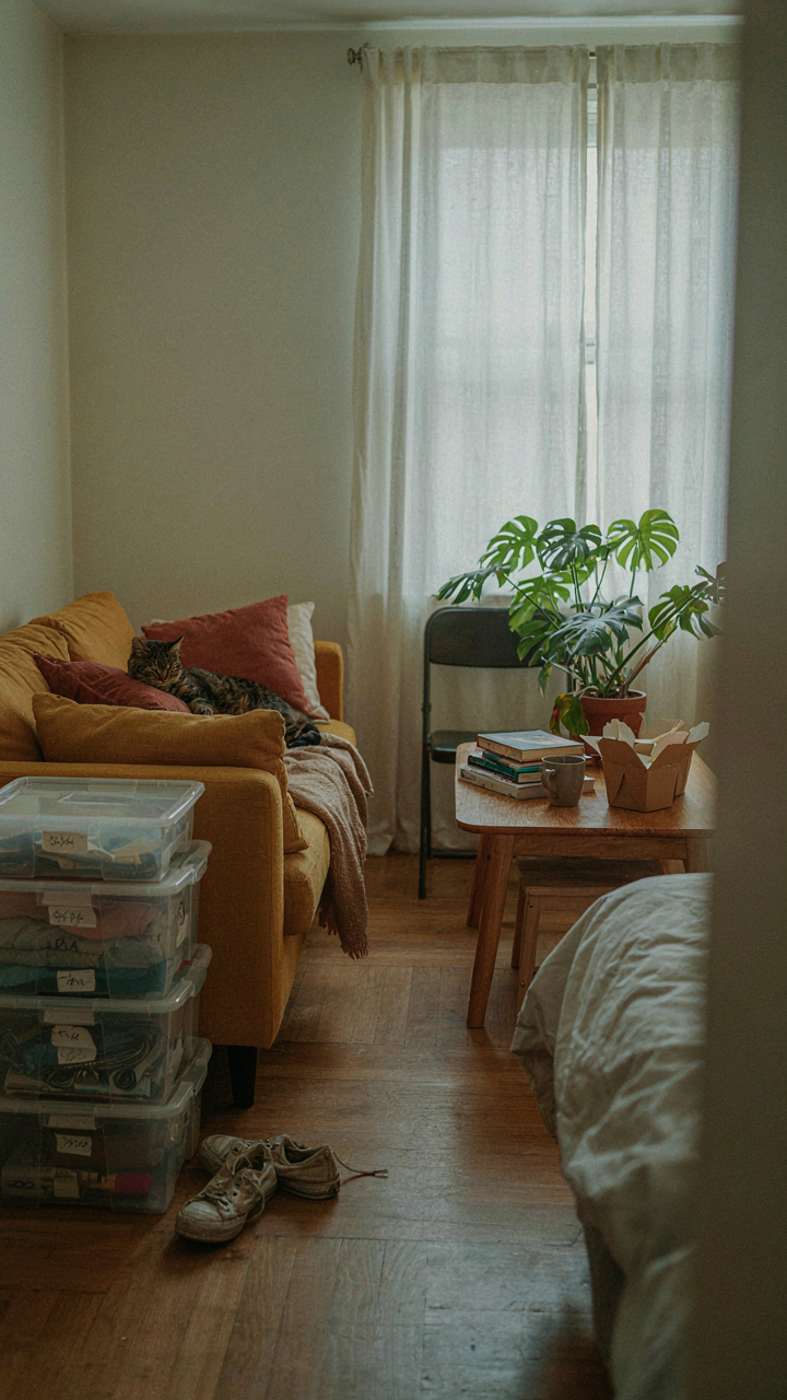 A small, cluttered apartment interior filled with too much furniture and storage items.