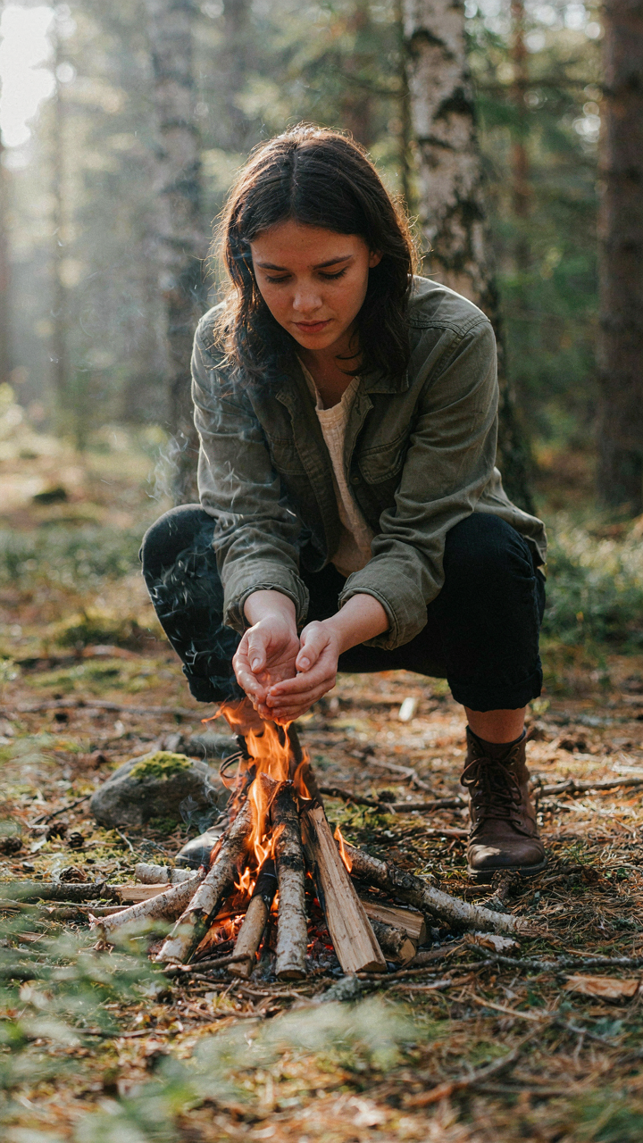 A person tends a small, controlled campfire with bare hands.