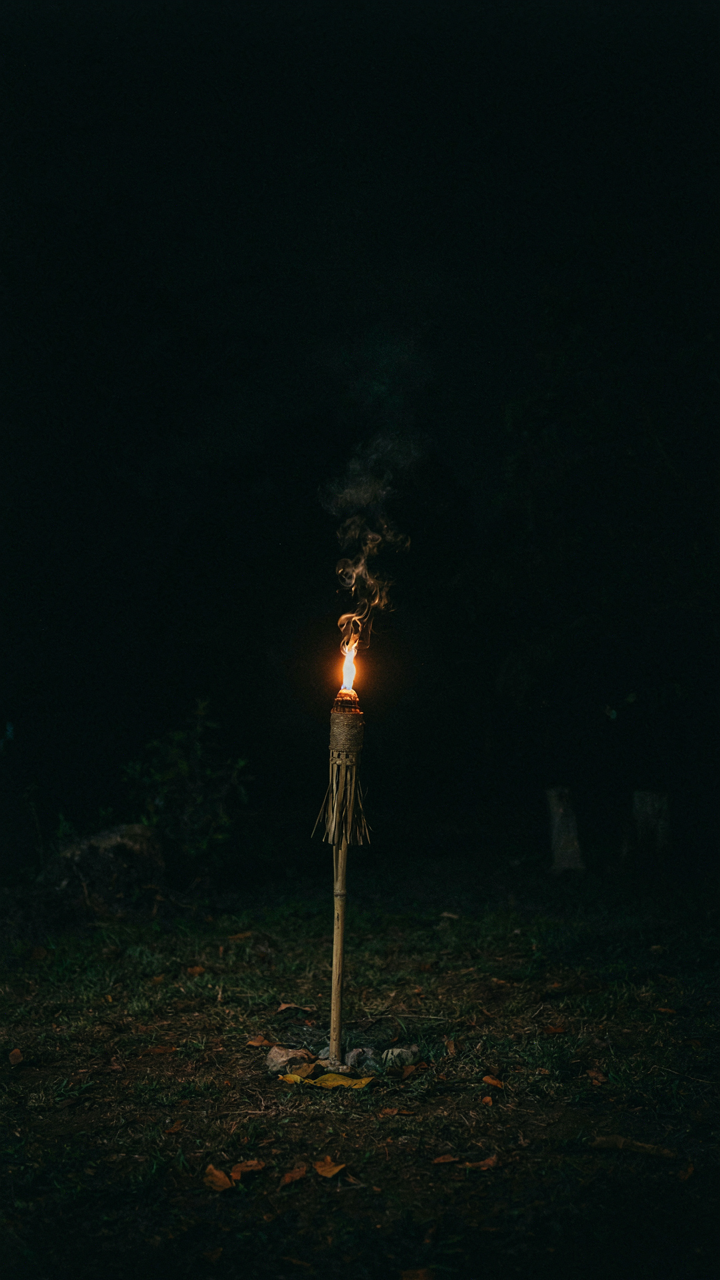 A citronella torch casts a small light, leaving most of the area dark.