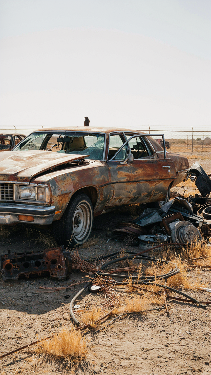 A rusted, broken old car sits in a junkyard under bright sunlight.