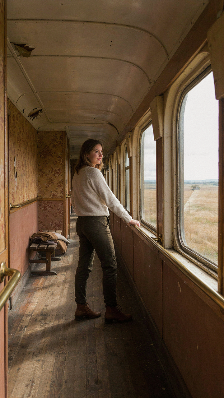 A person stands in a narrow train car hallway looking at a wide landscape.