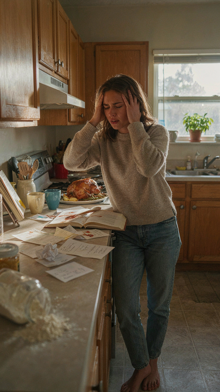 A person looks overwhelmed by disorganized party planning notes in a kitchen.
